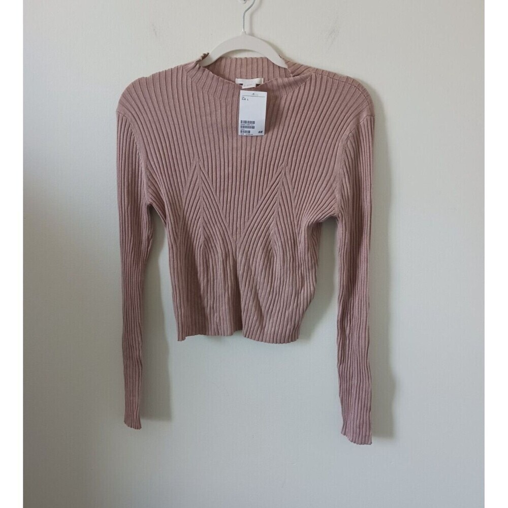 H&M Ribbed Knit Crop‎ Top Dusty Pink Mock Neck Long Sleeve Size L